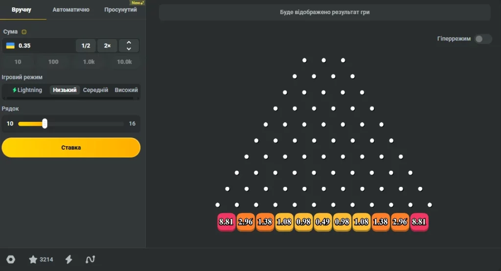Інтерфейс гри Плінко на JB Casino